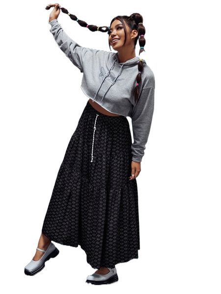 

x lanodo plus allover boat print drawstring waist ruffle hem skirt p8hd#, Black