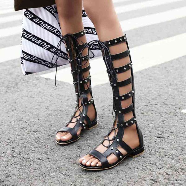 

gladiator sandals rome women biggest size 48 punk rivets knee high summer boots lace up shoes woman ladies studs et3l, Black