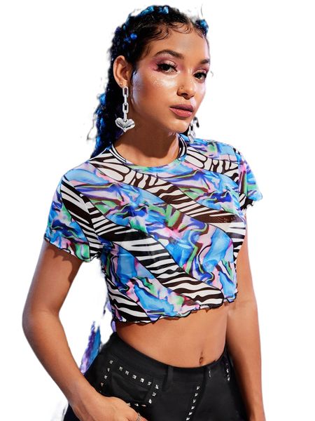 

allover print lettuce trim crop mesh f8js#, White
