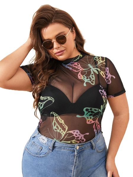

plus butterfly print mesh without bra s3ji#, Black