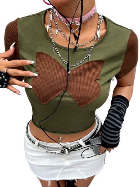 

butterfly patch detail two tone crop tee z6mg#, White