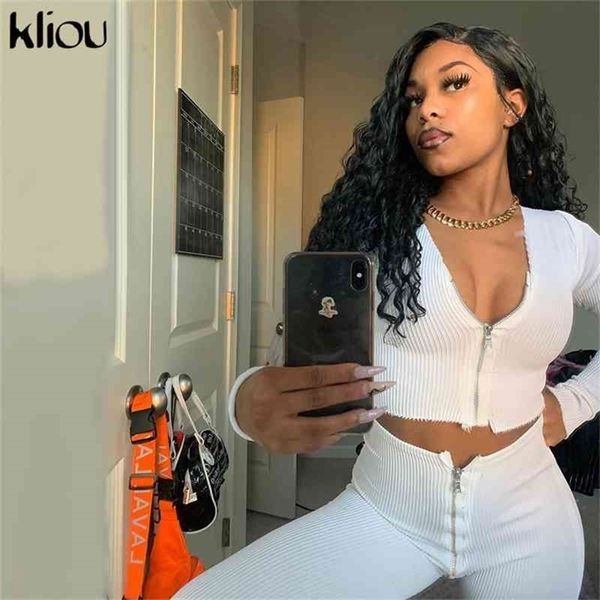 

kliou ribbed knitted zipper matching two piece set women v-neck skinny crop side slit pants autumn casual sporty streetwear 210331, Gray