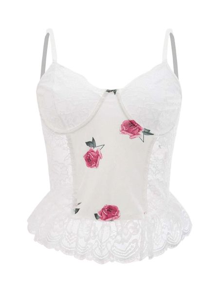 

mod floral print contrast lace ruffle hem cami p8pq#, White