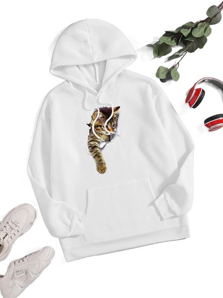 

3d cat print drawstring thermal lined hoodie b1ku#, Black