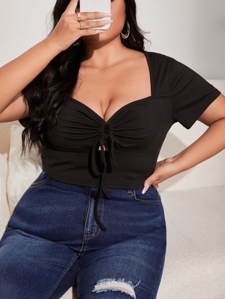 

plus sweetheart neck ruched bust crop tee r4bu#, Black