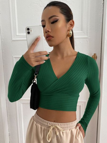 

surplice neck rib-knit crop tee h25g#, White