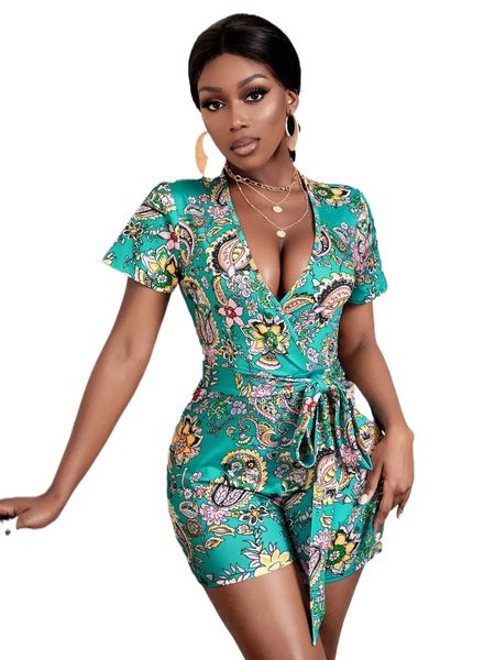 

sxy floral print plunging neck tie front romper 08oe#, Black;white