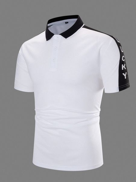 

men contrast letter side seam polo shirt g6i8#, White;black