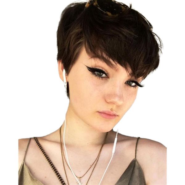 

natural color short bob straight human none lace wigs with bangs brazilian virgin hair pixie cut machine made wig for black women, Black;brown