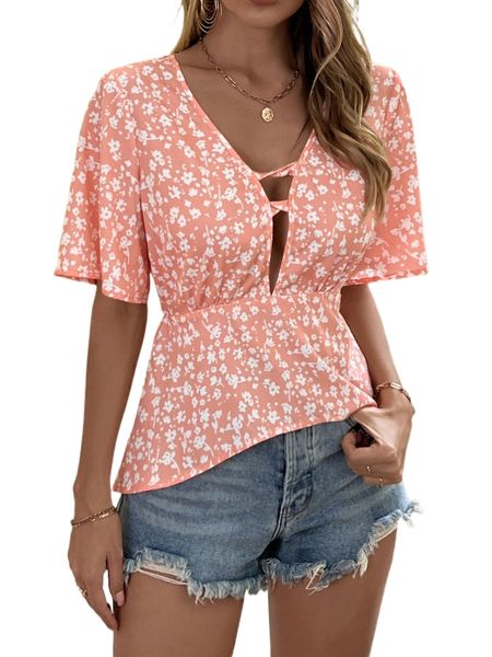 

ditsy floral print butterfly sleeve twist front peplum blouse q03e#, White