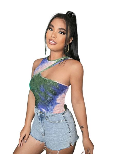 

tie dye irregular neck crop v3xs#, White