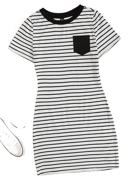 

striped pocket front fitted dress i9t8#, Black;gray