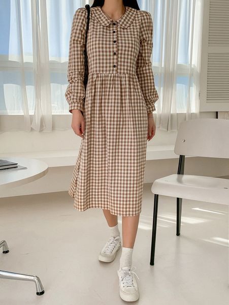 

dazy gingham print peter-pan collar lantern sleeve dress w0b5#, Black;gray