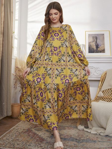 

floral print lantern sleeve ruffle hem dress g1bq#, Black;gray