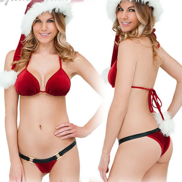 

hat babydoll set sleepwear bow bra women lingerie brief woman lingerie erotic intimates patchwork suit g-string plush christmas, Red;black