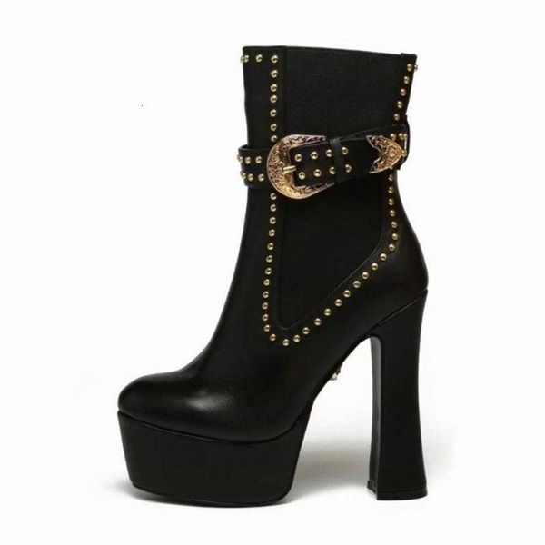 

boots short boots women's high heels round head autumn and winter non slip leather thick bottom waterproof platform heel martin k7nk, Black