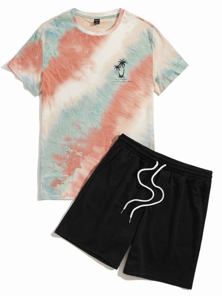 

men tie dye slogan & tropical print tee & drawstring waist shorts h0rp#, Gray