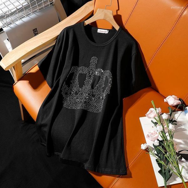 T-shirt da donna 2022 Plus Size Diamanti T-shirt da donna Allentato Nero femminile Estate Perforazione Top Vestiti Punk T-shirt T134 Phyl22