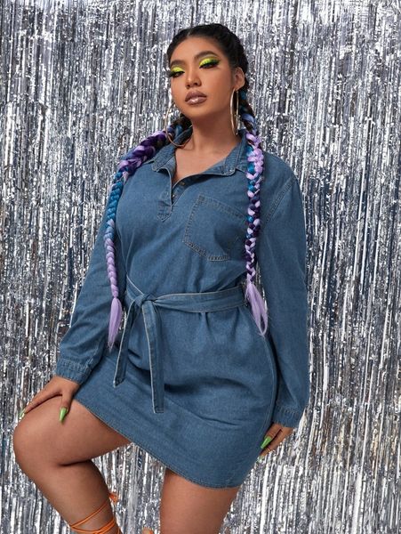 

plus half placket patched pocket belted denim dress 95cy#, Black