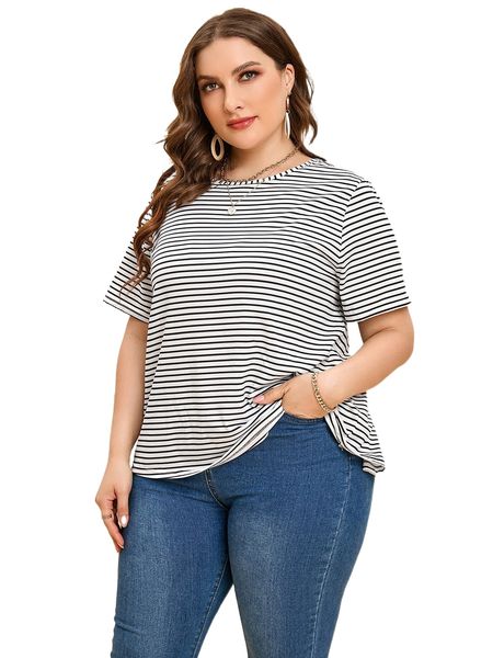 

plus striped print bow back lace detail tee b5ri#, Black