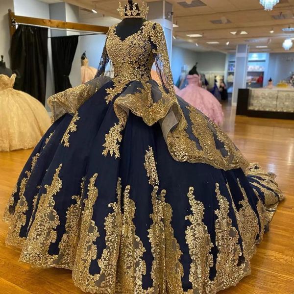 2022 Prinzessin Marineblau Quinceanera Kleider mit langen Ärmeln Goldapplikationen Perlen Sweet 16 Kleid Abschlussball Pageant Kleider Vestidos de 15 Jahre