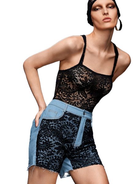 

x prmy contrast guipure lace denim shorts o4hw#, White;black
