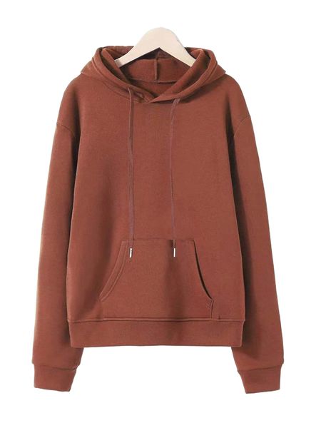 

solid drawstring kangaroo pocket drop shoulder thermal hoodie i3yo#, Black