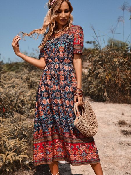 

floral print knot front dress i86h#, Black;gray