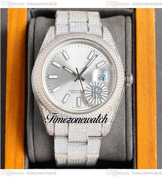 

rf 41 126334 miyota automatic mens watch paved diamond case silver dial stick markers fully iced out 904l oystersteel bracelet jewelry watch, Slivery;brown
