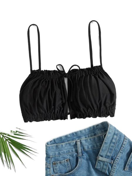 

plus ruched bust knot front bikini j75n#, Black