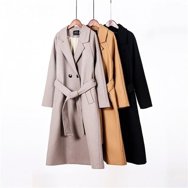 

ies fall women long coat jacket 50% wool ladies double breasted outwear y201012, Black