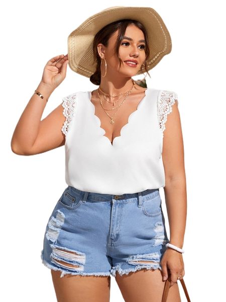 

plus guipure lace panel scallop trim blouse g3ff#, Black