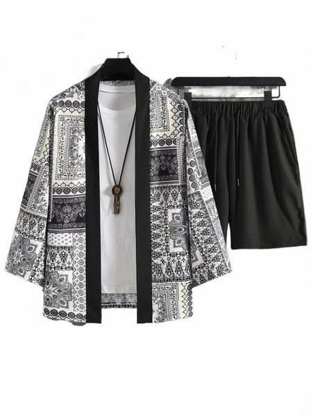 

men scarf print kimono & drawstring waist shorts without tee m3w1#, Gray