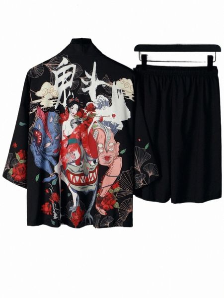 

men random figure & letter graphic kimono & shorts without tee 32cj#, Gray