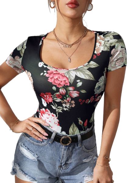 

floral print scoop neck tee 03rd#, White