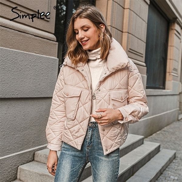 

short high neck winter coat office lady long sleeve pocket padded jacket casual loose rhombus pattern parkas women 201127, Black