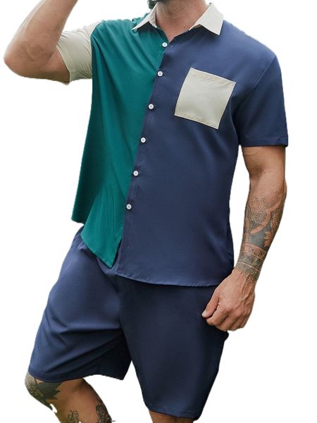 

extended sizes men colorblock pocket patched shirt with drawstring waist shorts e3v2#, Gray