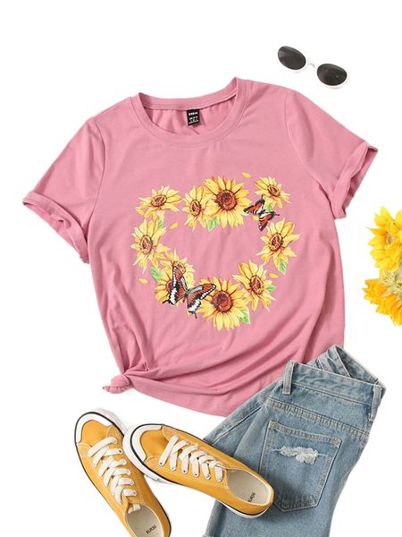 

butterfly & sunflower print tee y7a4#, White