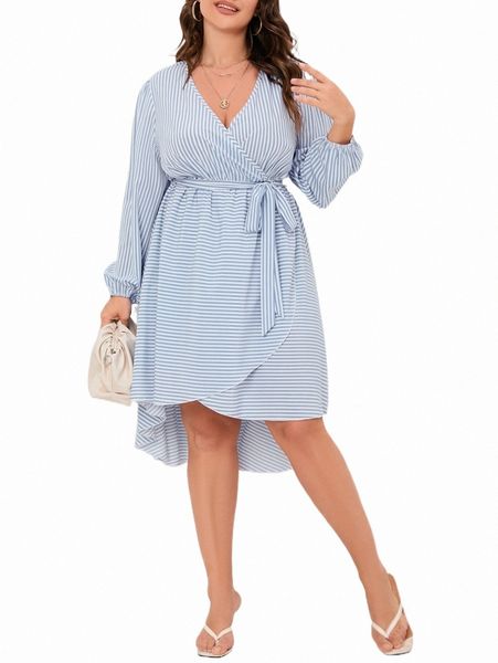 

plus striped print lantern sleeve belted high low hem dress b48o#, Black