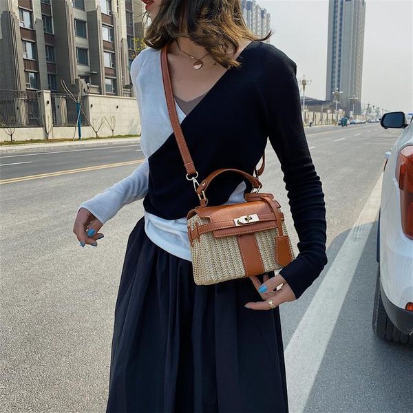 

evening bags designer lock straw woven women handbag splice pu leather shoulder bag woveing women's summer beach for