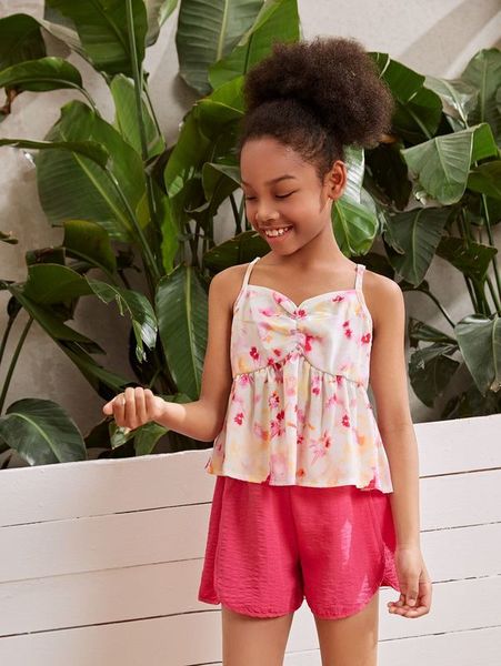 

girls floral print ruched bust cami & shorts she, White