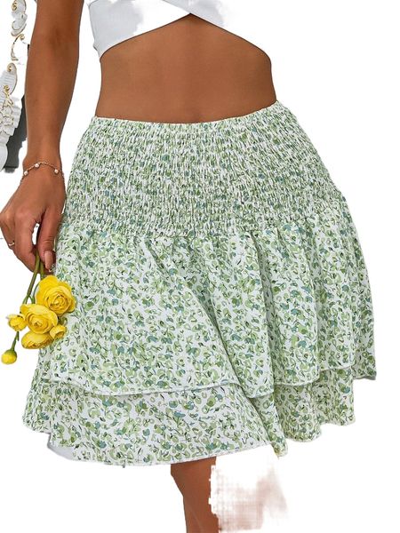 

ditsy floral shirred layered hem skirt t3wl#, Black