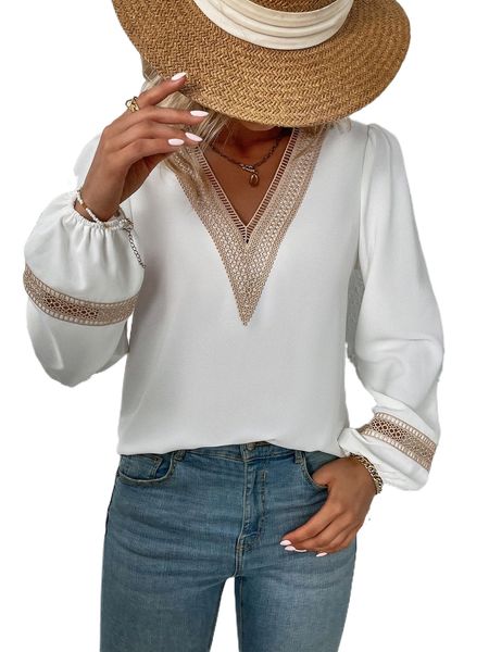

contrast guipure lace lantern sleeve blouse a3qm#, White