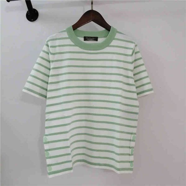 

women's knits tees fashion women's tencel round neck short sleeve side button sweater striped thin age reducing pullover, White