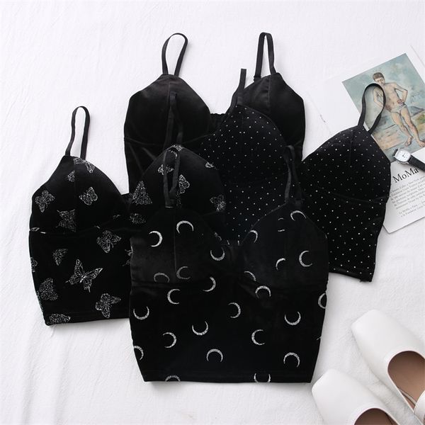 

fashion all-match butterfly moon polka dot gold velvet print camisole women 220427, White