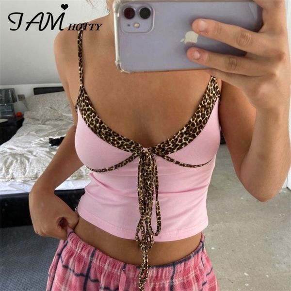 

iamty pink solid patchwork leopard pint y2k crop women v neck bodycon casual outfits girls femme harajuku tees 210316, Black;white