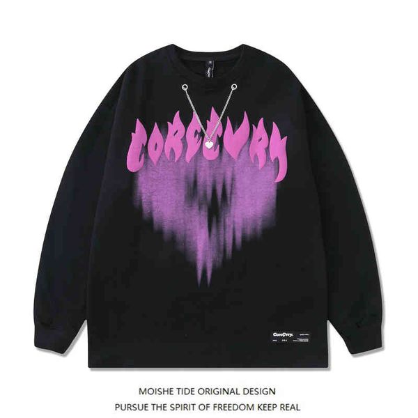 

moishe tide european and american fashion br letter love graffiti long sleeve sweater men women hip-hop loose couple shirt, Black
