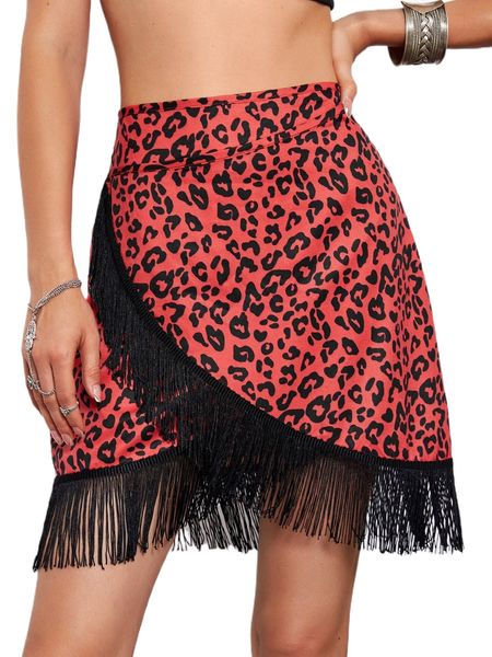 

leopard fringe tulip hem skirt r2ei#, Black