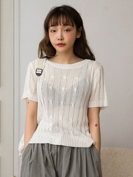

dazy solid sheer cable knit e47g#, White;black