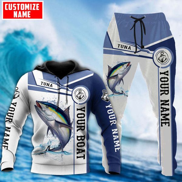 

tuna fishing custom name 3d printed men sets hoodie&pants autumn sportswear casual street tracksuits male clothes tz-07 220615, Gray